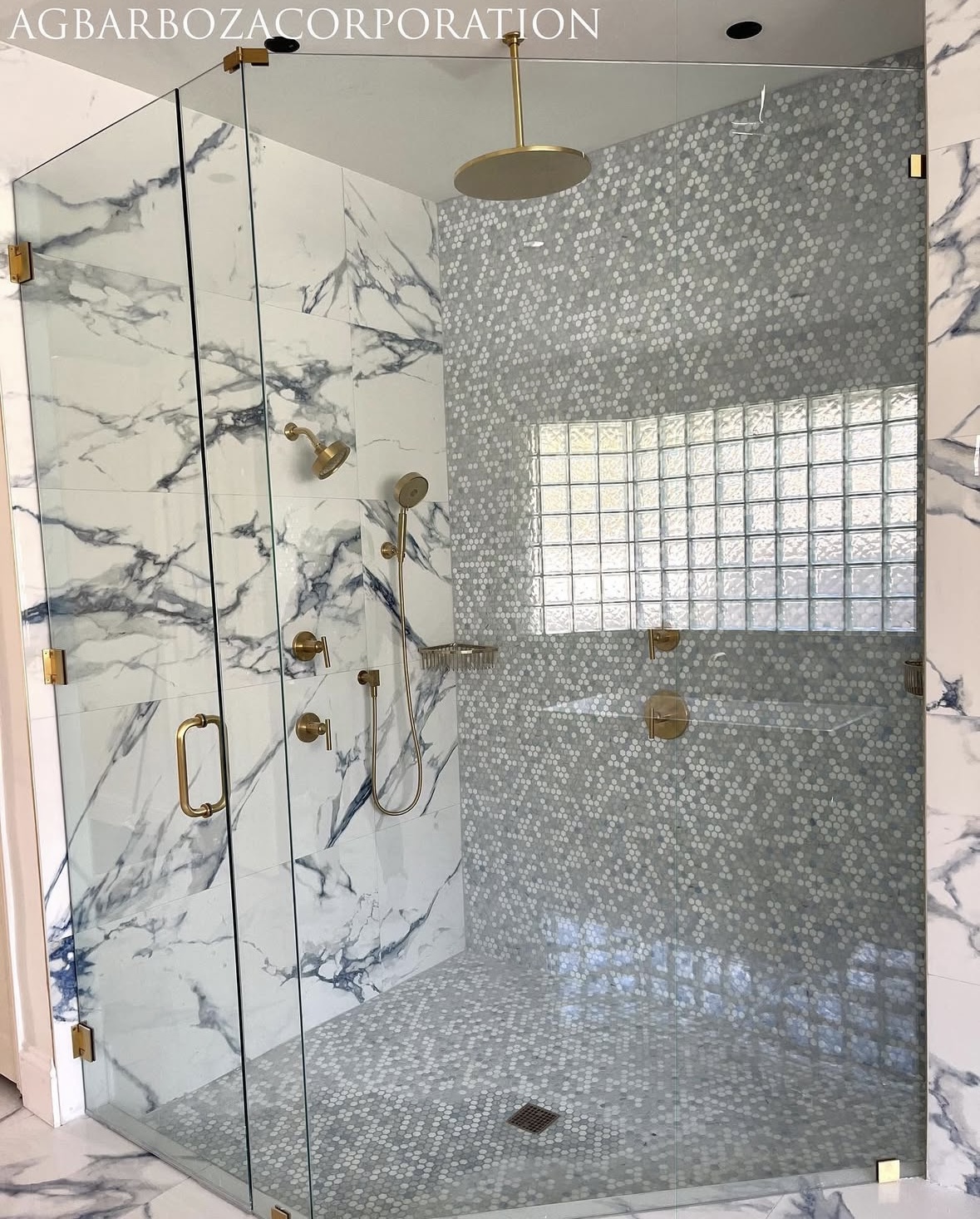 Walk-in shower with ceiling rain head